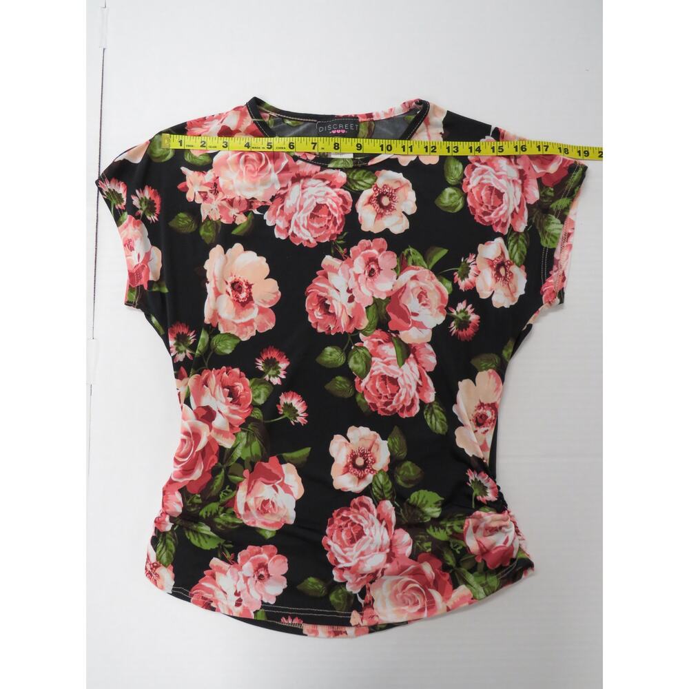 Vintage Discreet Women's M Sheer Top Black Pink Roses USA Floral Whimsical - Picture 6 of 8